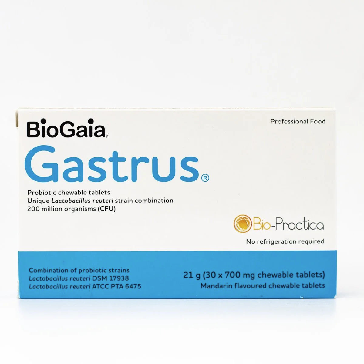 Packaging of BioGaia Gastrus probiotic chewable tablets in a white box with blue and orange accents, displaying the product name and information.