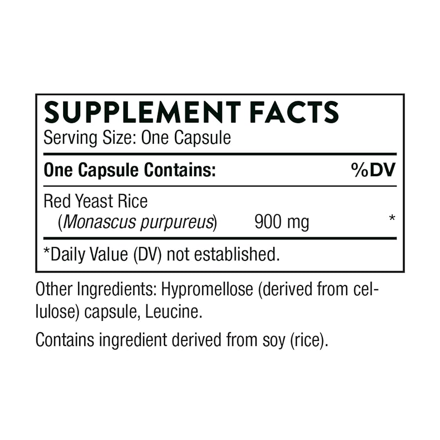 Supplement facts label for a capsule containing red yeast rice.