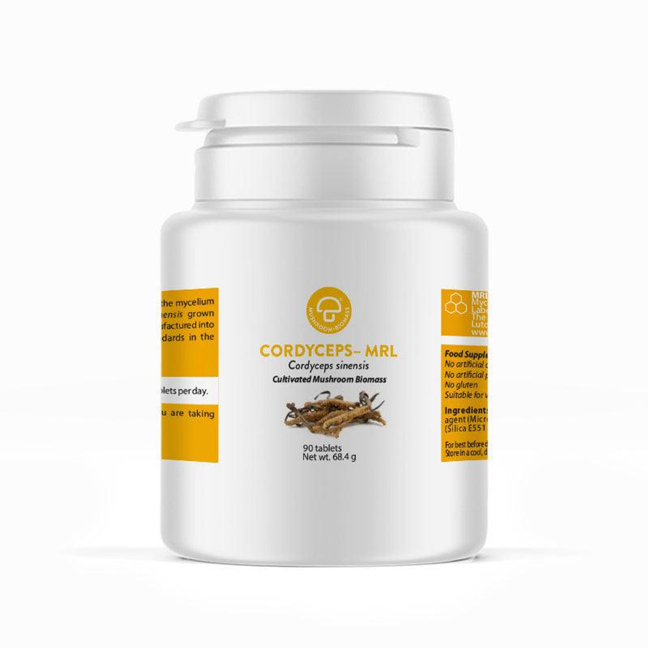 White supplement container with yellow label on a white background