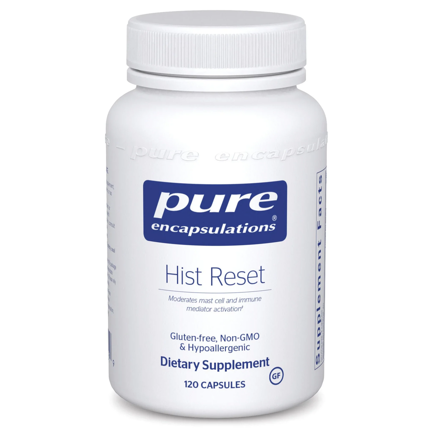 White supplement bottle labeled 'pure encapsulations Hist Reset' on a white background