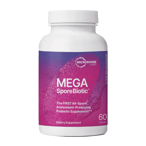 A bottle of Mega SporeBiotic by Microbiome Labs, a dietary supplement, with 60 capsules inside.