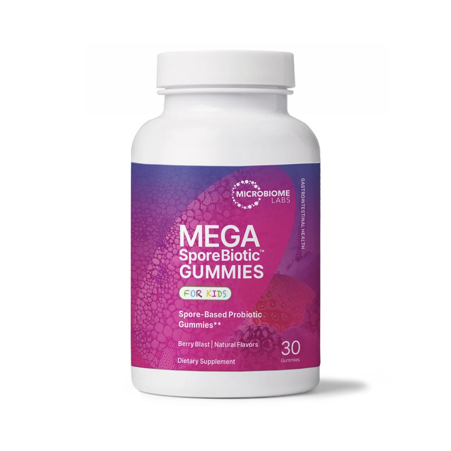 A bottle of Mega SporeBiotic Gummies for Kids, with a purple and pink label, branding, and a count of 30 gummies.