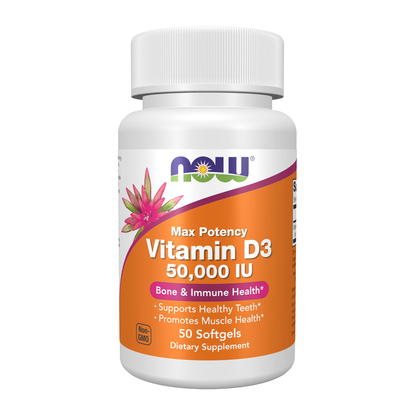 Supplement bottle labeled 'NOW Vitamin D3 50,000 IU' on a white background