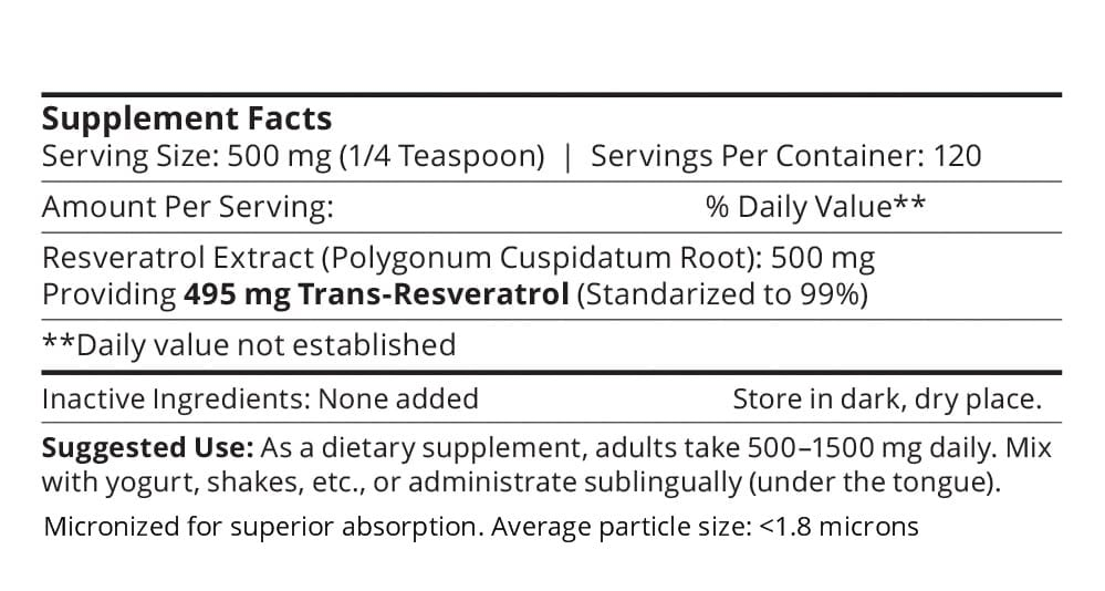 Supplement facts label for Resveratrol Extract with serving size, servings per container, and inactive ingredients.