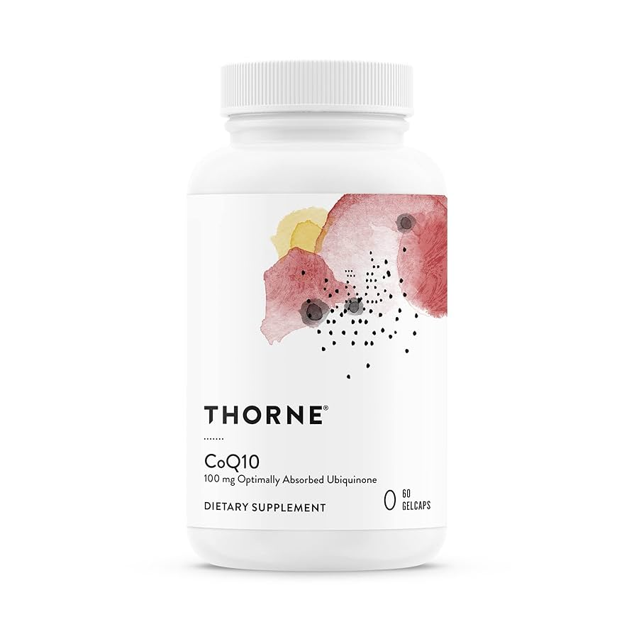 Thorne CoQ10 dietary supplement bottle on a white background
