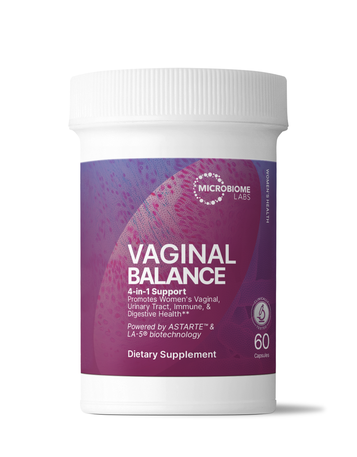 Dietary supplement container labeled 'Vaginal Balance' by Microbiome Labs on a white background.