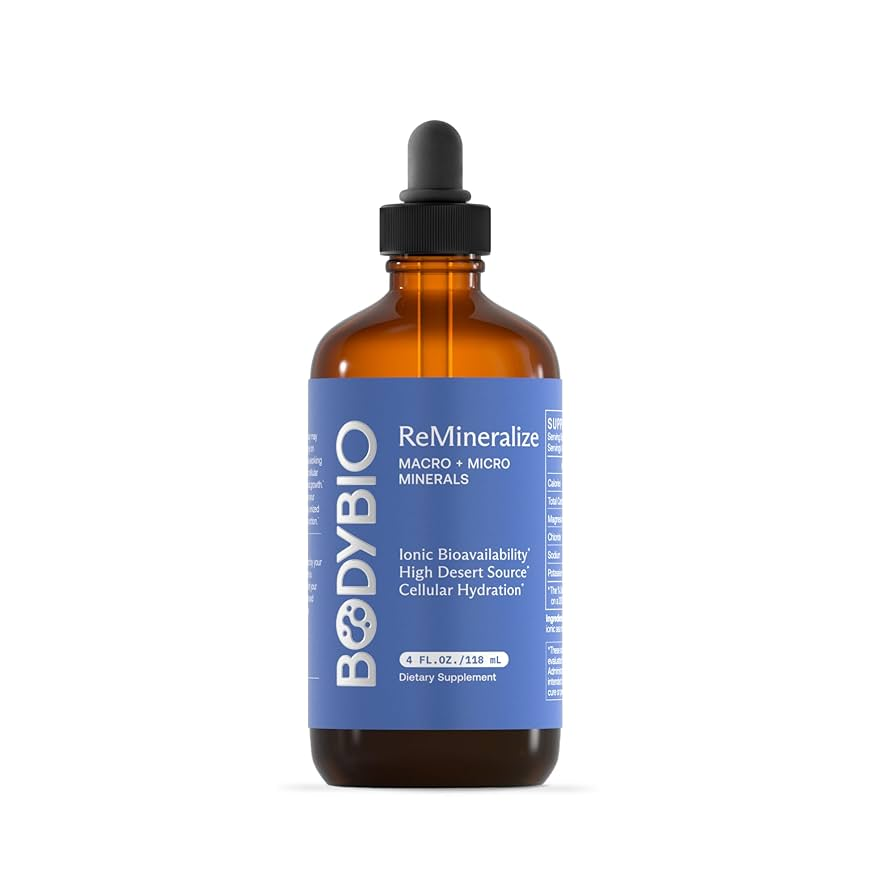BodyBio ReMineralize 118ml ionic mineral concentrate — amber glass dropper bottle on a clean white background