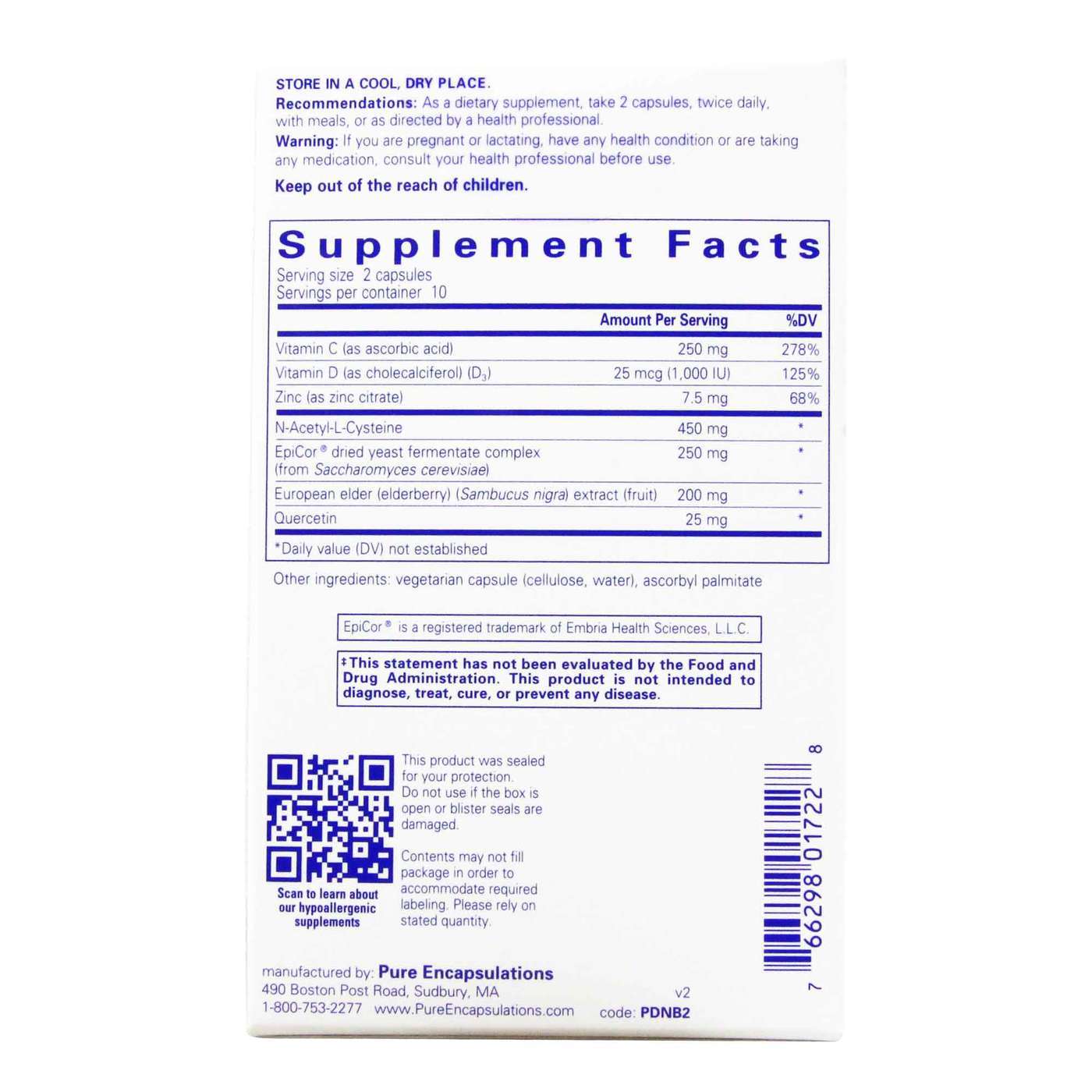 Pure Encapsulations PureDefense with NAC supplement facts label showing EpiCor® dried yeast fermentate, N-acetyl-L-cysteine, elderberry extract, quercetin, vitamins C and D3, and zinc citrate per serving – 120 vegetarian capsules