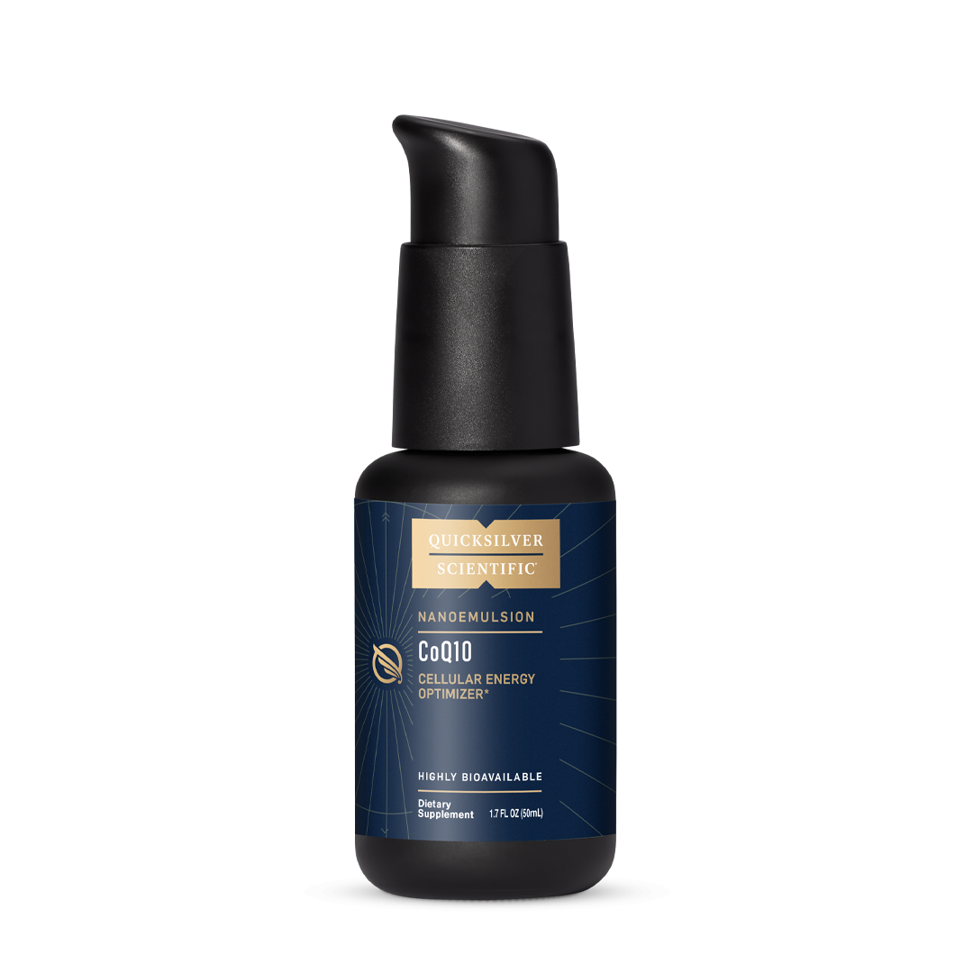Quicksilver Scientific CoQ10 Nanoemulsified 30mg liquid supplement in amber glass pump bottle, 50mL