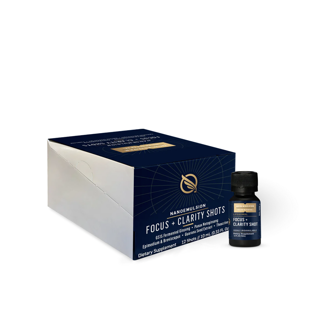 Quicksilver Scientific Focus + Clarity Shots box of 12 individual 10mL liposomal tonic shots with raspberry hibiscus flavour