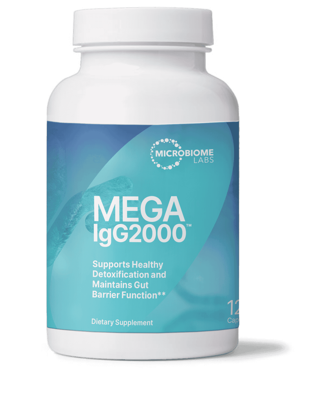 A bottle of Mega IgG2000 dietary supplement by Microbiome Labs, with blue and white labeling.