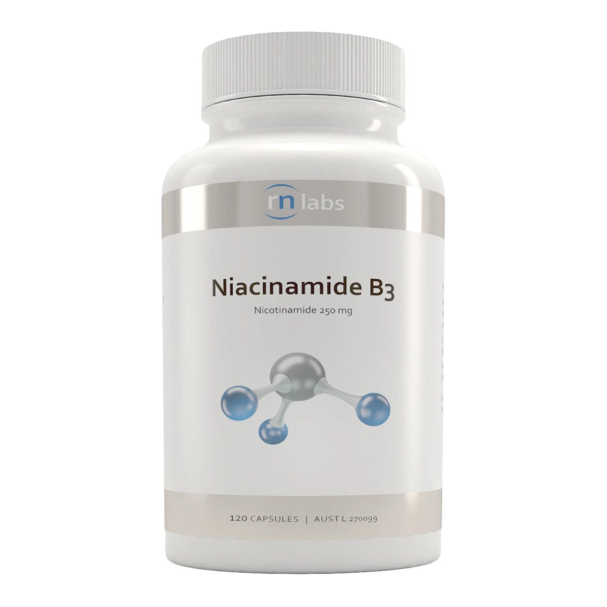 A bottle of Niacinamide B3 supplements with the brand RN Labs displayed on the label.