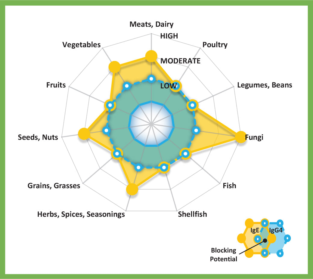 A diagram illustrating food groups and their relationship to blocking potential immune reactions, with a highlighted section on 'Meats, Dairy' indicating a high blocking potential, and other groups like 'Fruits', 'Seeds, Nuts', and 'Grains, Grasses' marked as low or moderate.