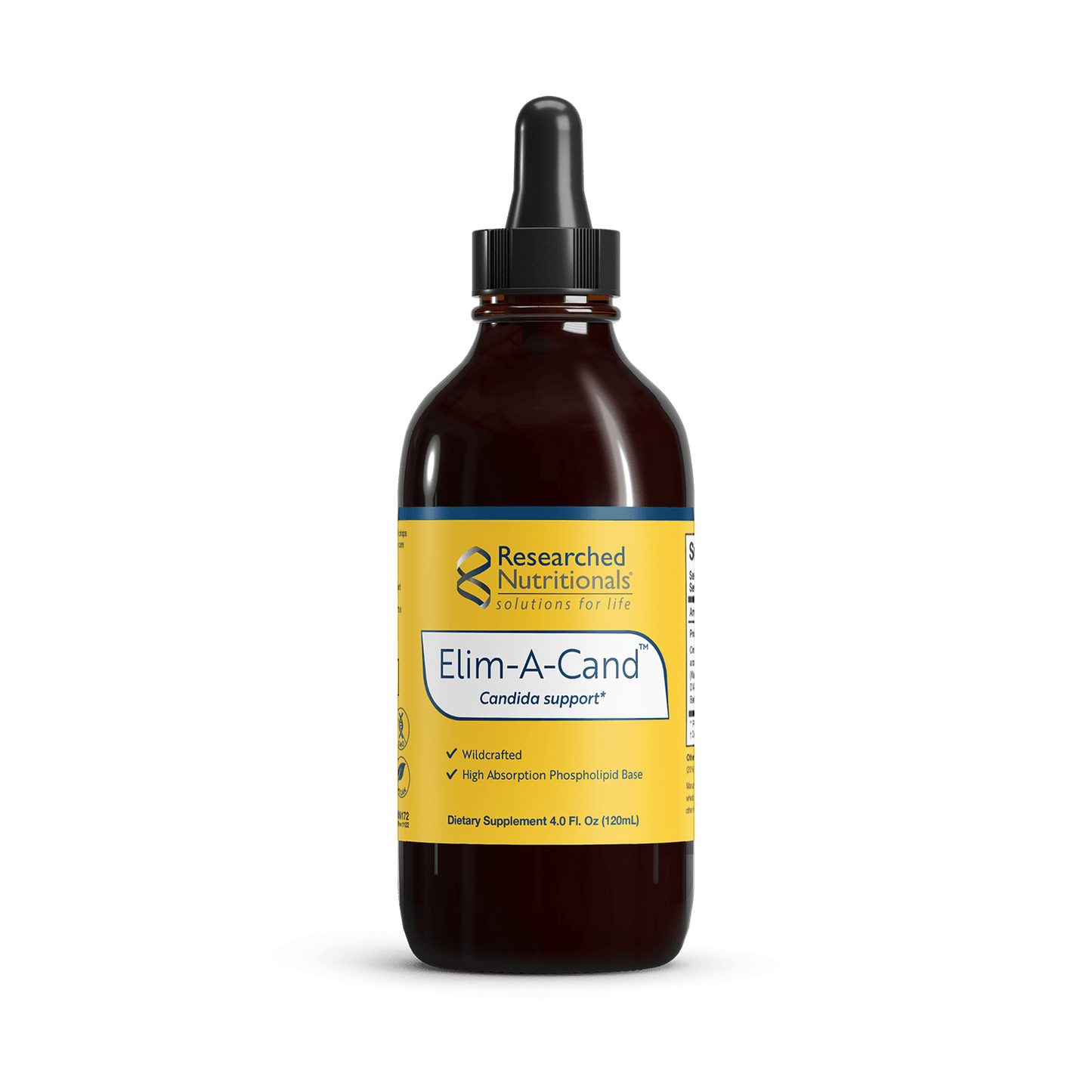 A bottle of Elim-A-Cand tincture by Researched Nutritional with a yellow label.
