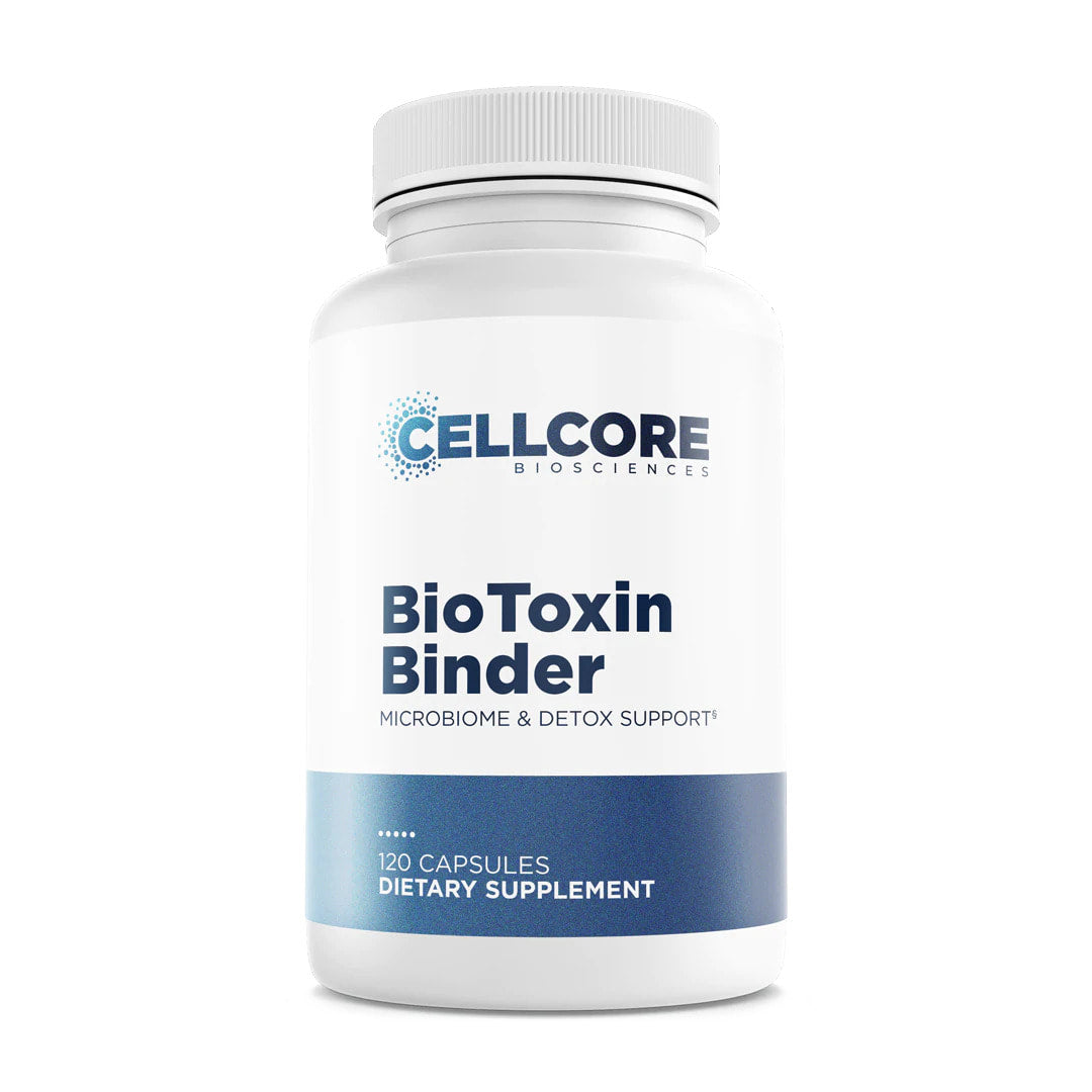 A bottle of CellCore BioToxin Binder dietary supplement with 120 capsules, labeled as a microbiome & detox support supplement.
