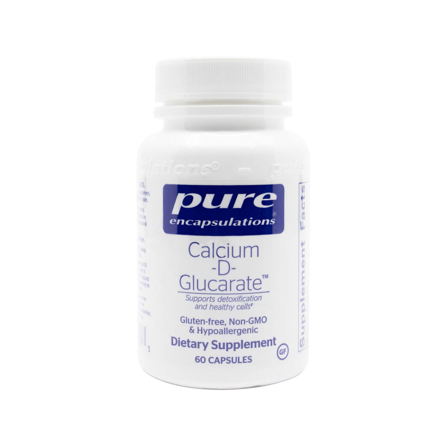 A bottle of Pure Encapsulations Calcium D-Glucarate dietary supplement with 60 capsules.