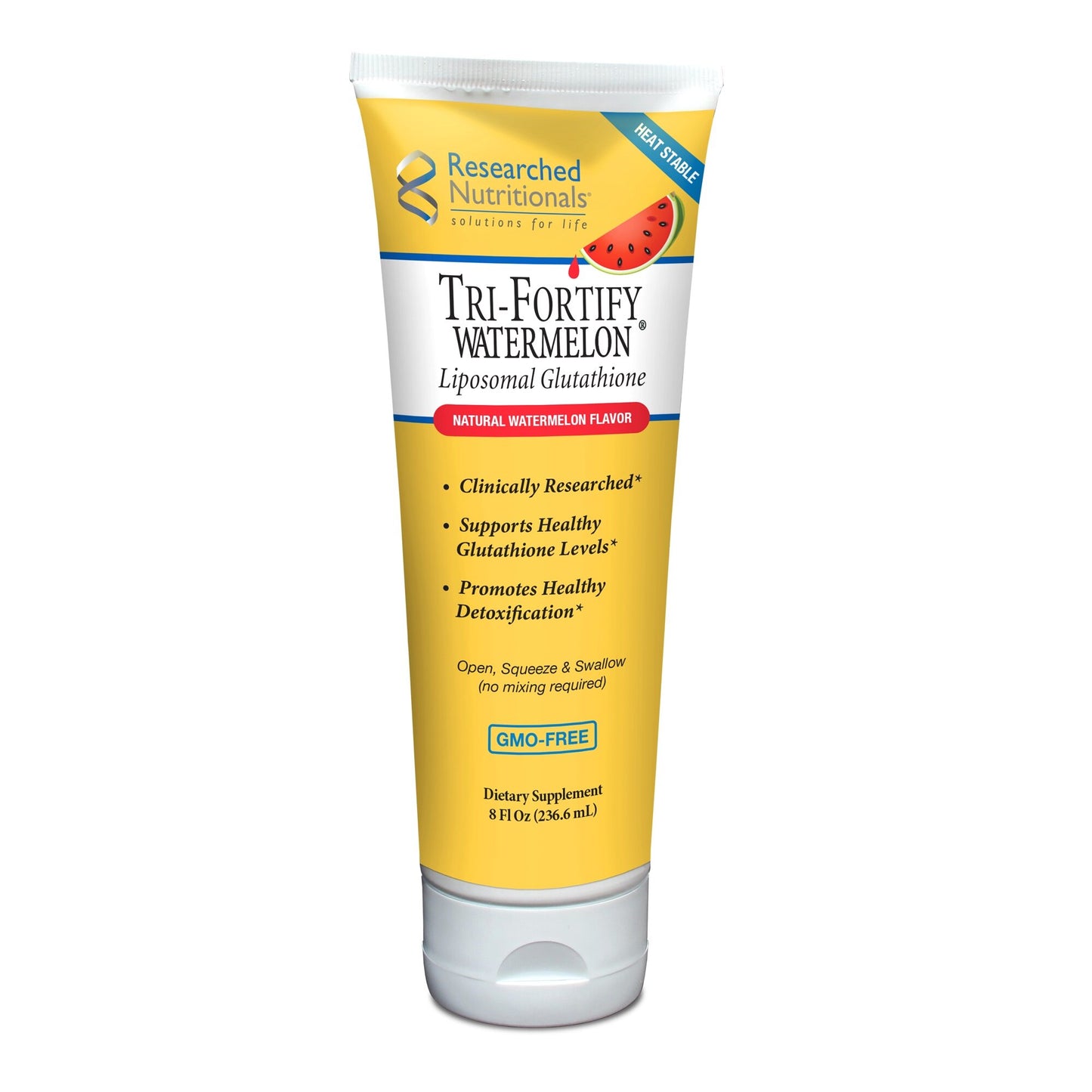 Researched Nutritionals Tri-Fortify – clinically researched liposomal reduced glutathione 450mg with vitamin C 50mg in heat-stable soy phospholipid delivery system – Watermelon flavour – 8 fl oz tube (approximately 48 servings) – no refrigeration required