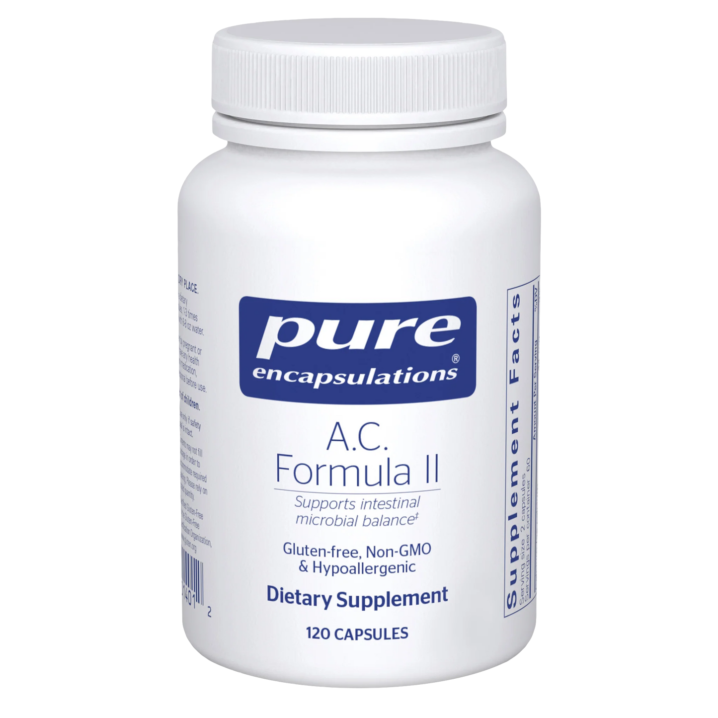 Supplement bottle labeled 'pure encapsulations A.C. Formula II' on a white background