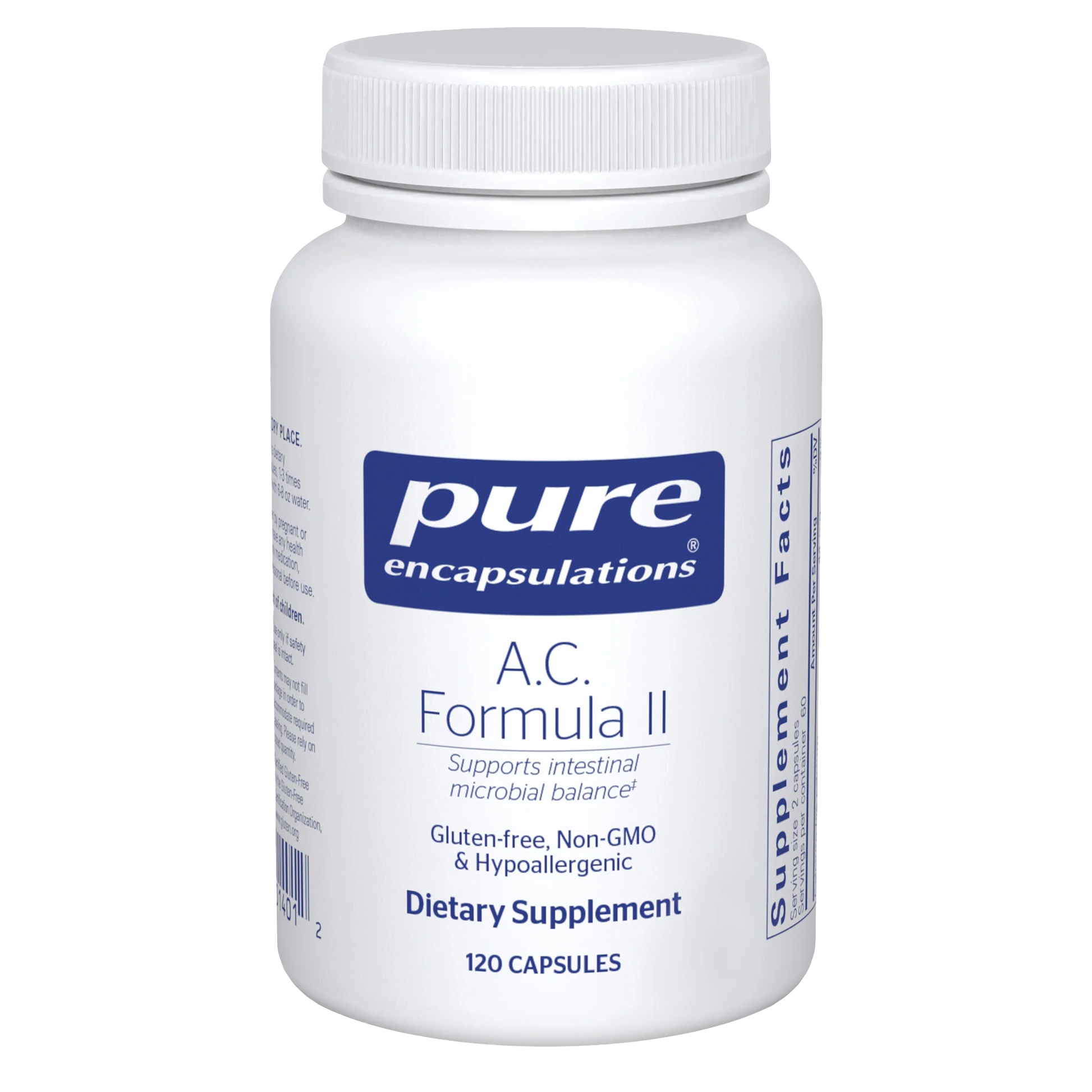 Supplement bottle labeled 'pure encapsulations A.C. Formula II' on a white background