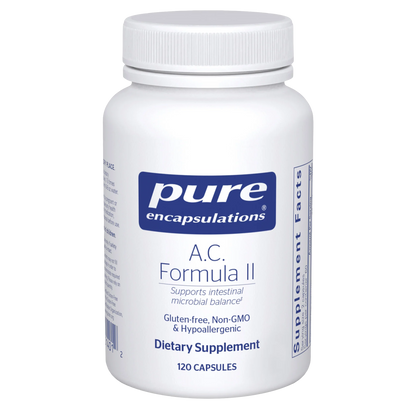 Supplement bottle labeled 'pure encapsulations A.C. Formula II' on a white background