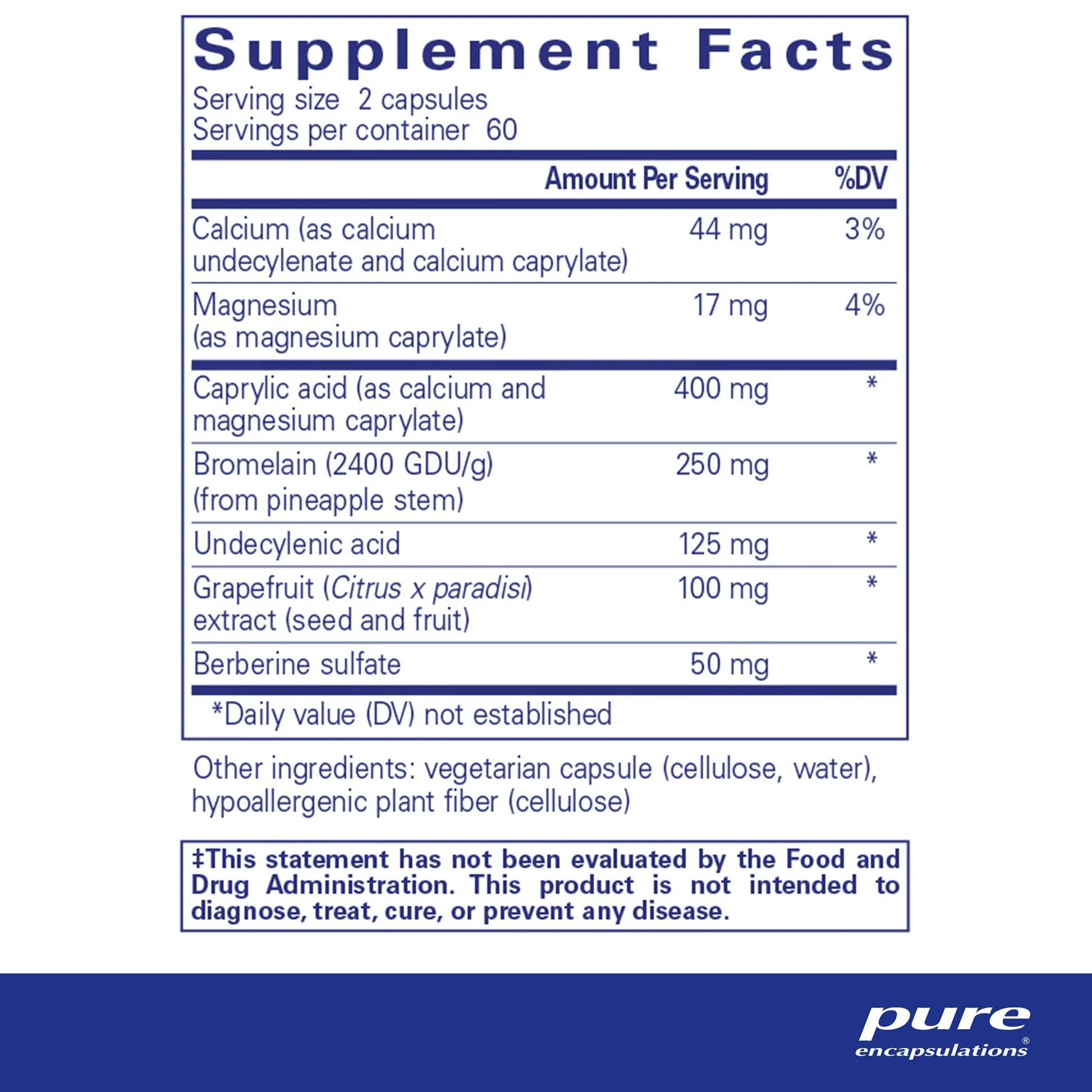 Supplement facts label for a product by pure encapsulations