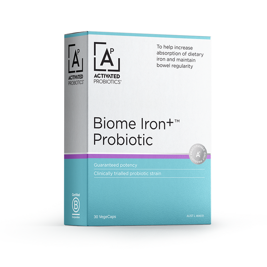 Box of Activated Probiotics Biome Iron+ Probiotic on a white background
