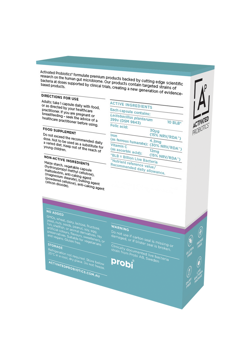 Probiotic supplement packaging with text on a white background