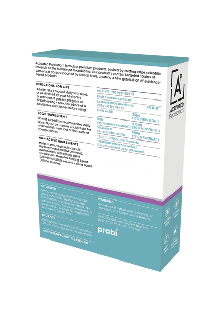 Probiotic supplement packaging with text on a white background