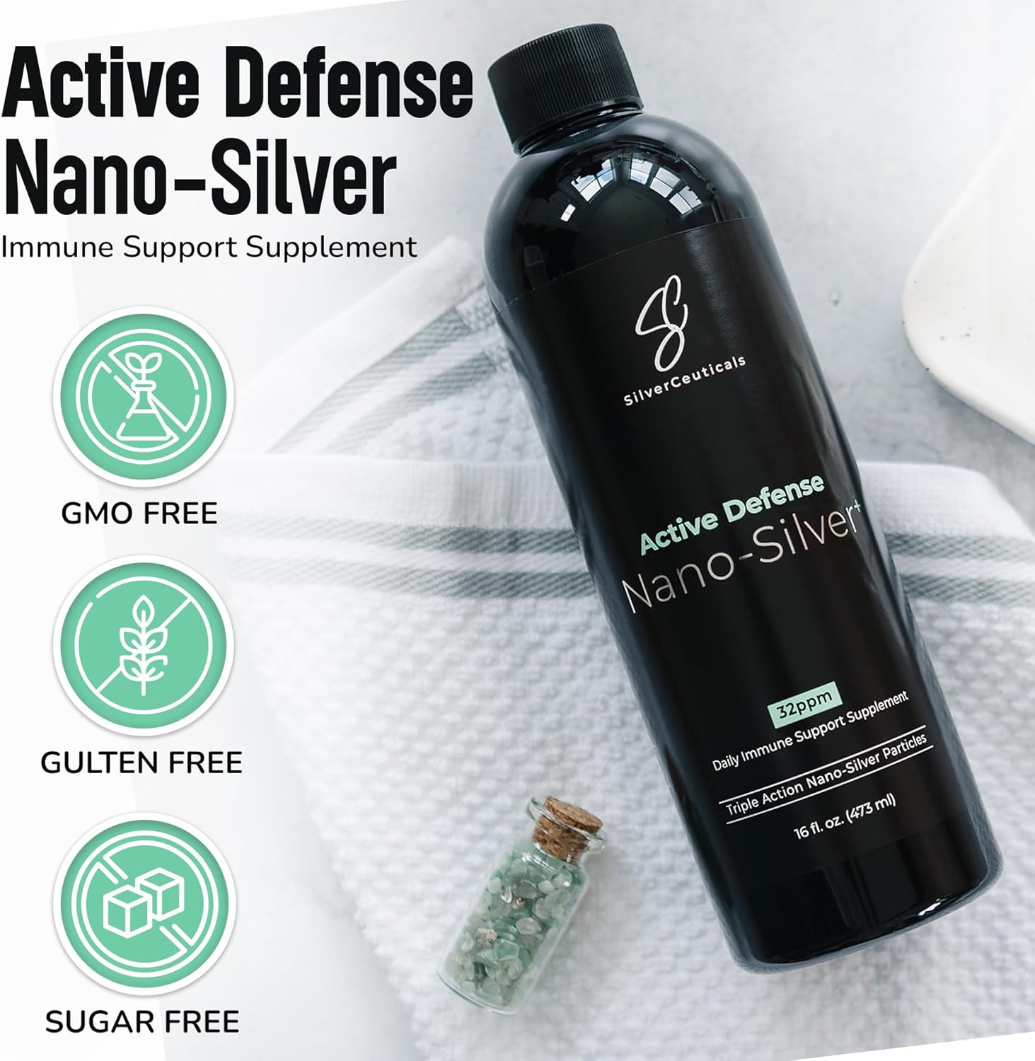 Black bottle of 'Active Defense Nano-Silver' supplement with certification icons on a white background