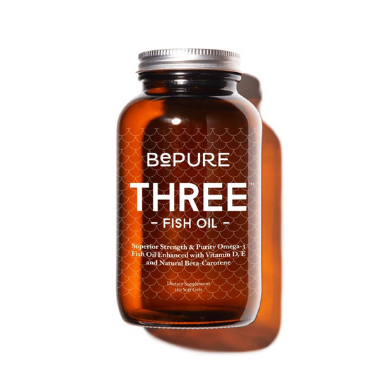 Brown supplement bottle labeled 'Bepure Three Fish Oil' on a white background