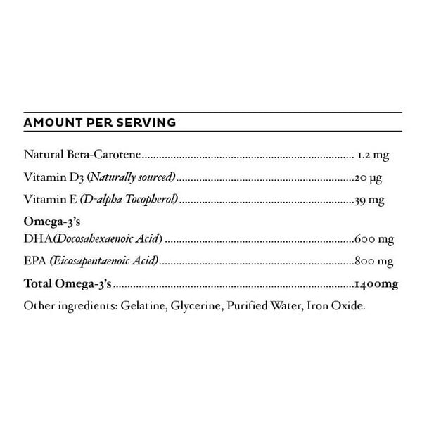 Nutritional label detailing vitamins and omega-3 fatty acids per serving on a white background.