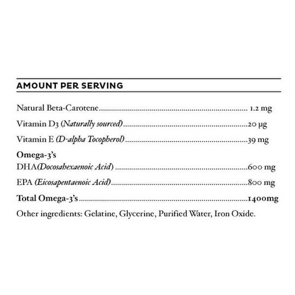 Nutritional label detailing vitamins and omega-3 fatty acids per serving on a white background.