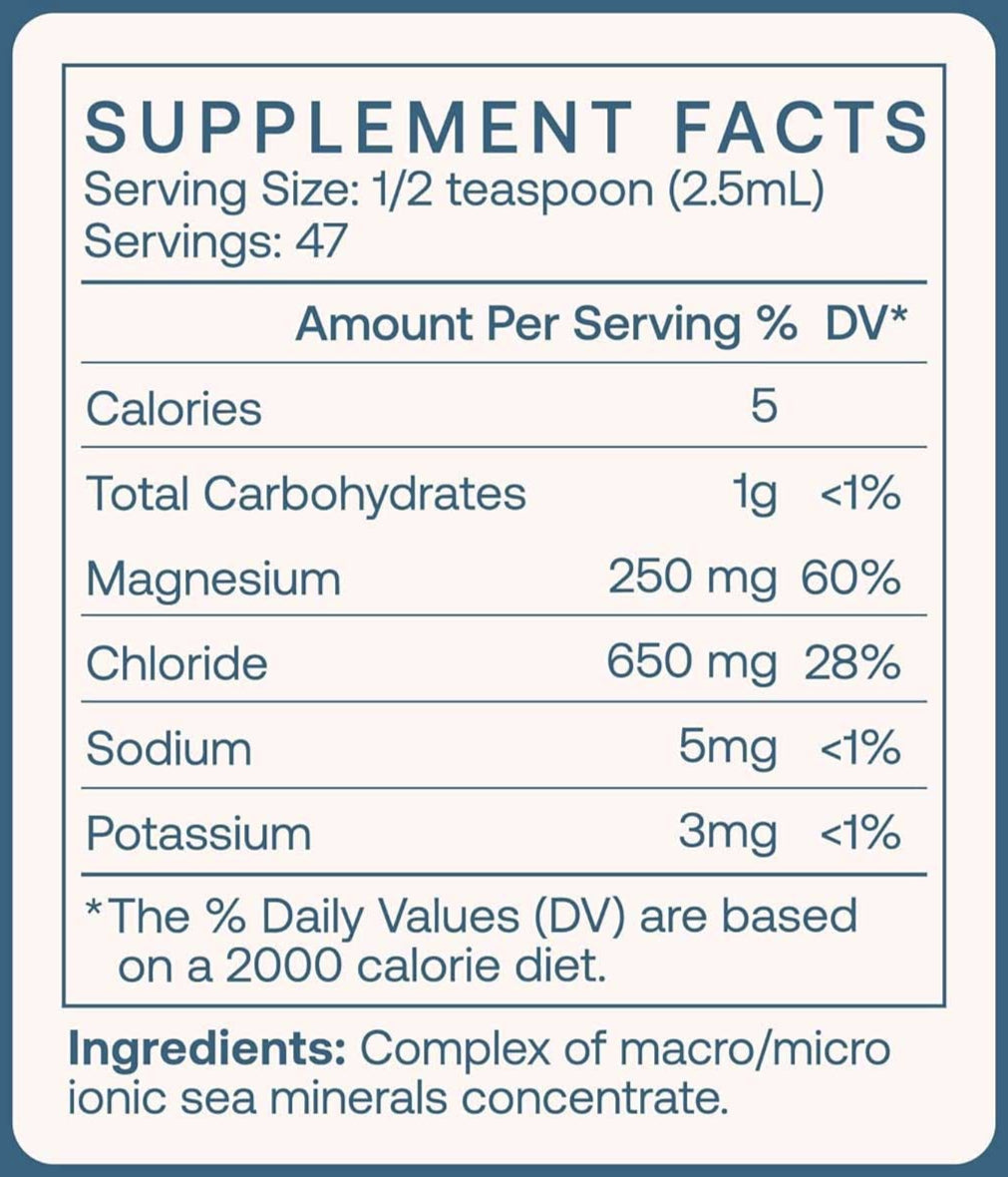 Supplement facts label for a complex of macro/micro ionic sea minerals concentrate.
