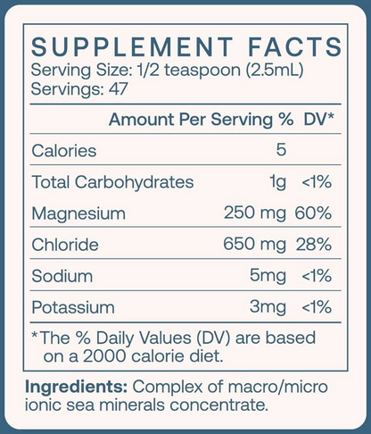 Supplement facts label for a complex of macro/micro ionic sea minerals concentrate.