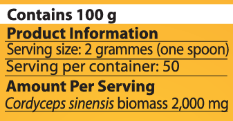 Product information label with serving size, container quantity, and cordyceps sinensis biomass content on a yellow background.