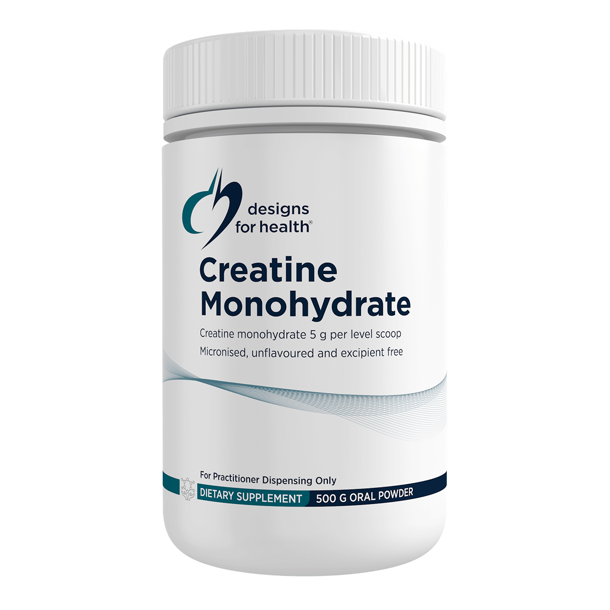 Supplement container labeled 'Creatine Monohydrate' by Designs for Health on a white background
