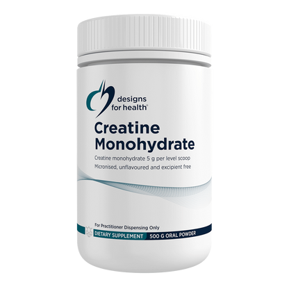 Supplement container labeled 'Creatine Monohydrate' by Designs for Health on a white background