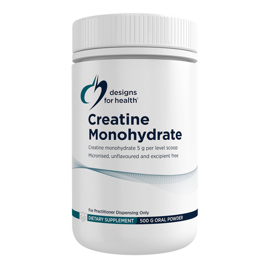 Supplement container labeled 'Creatine Monohydrate' by Designs for Health on a white background