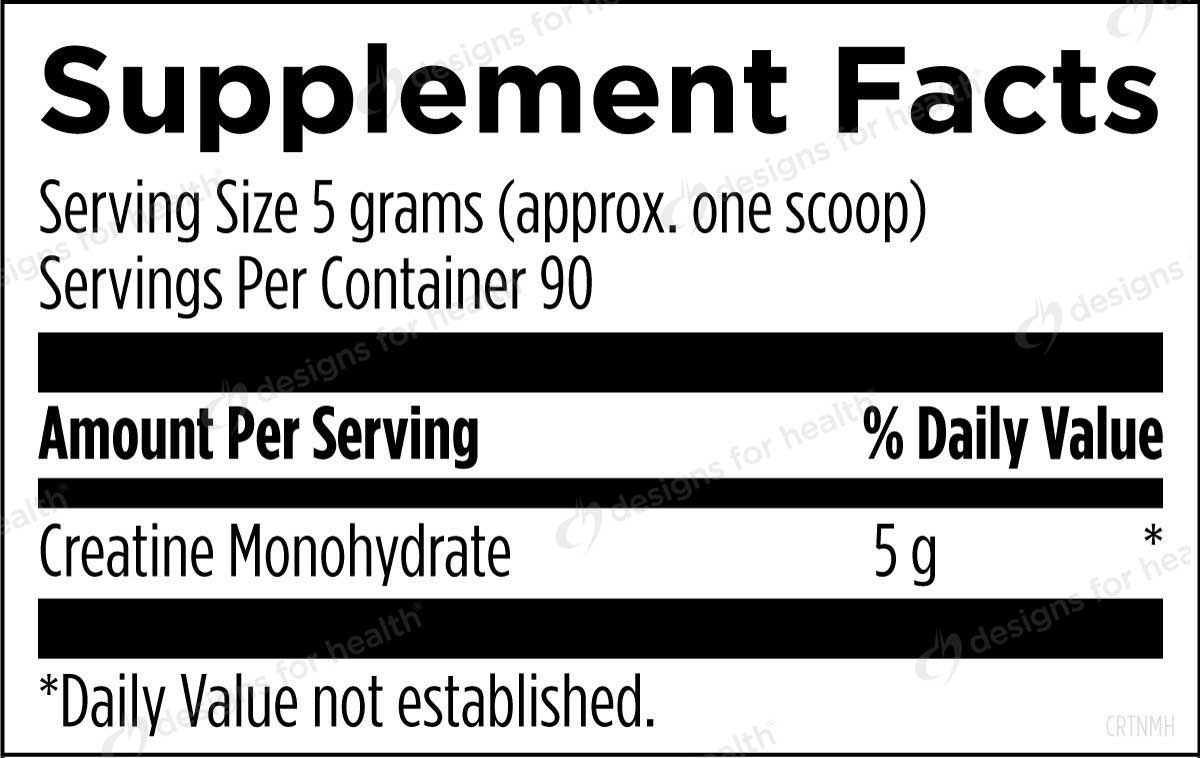 Supplement facts label for creatine monohydrate with serving size and container information.