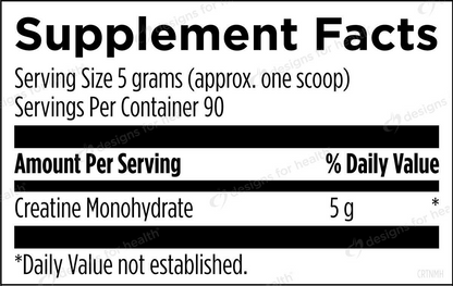 Supplement facts label for creatine monohydrate with serving size and container information.