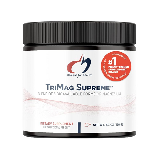 Supplement container labeled 'TriMag Supreme' by Designs for Health on a white background