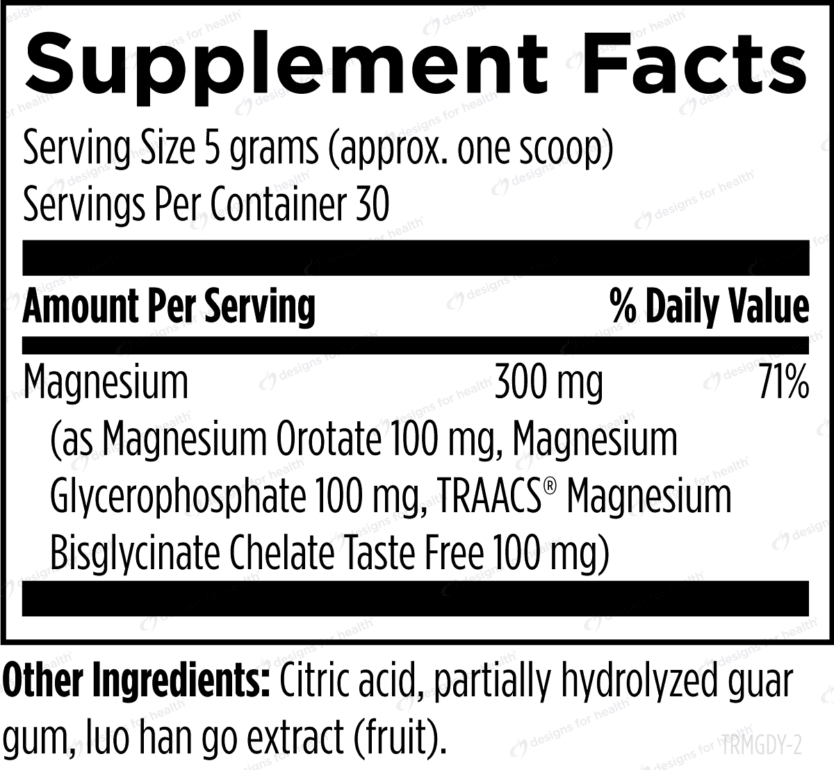 Supplement facts label with magnesium content and other ingredients listed.