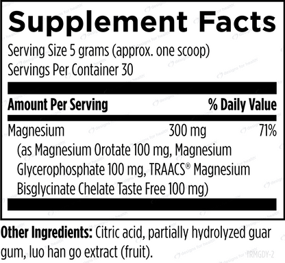 Supplement facts label with magnesium content and other ingredients listed.