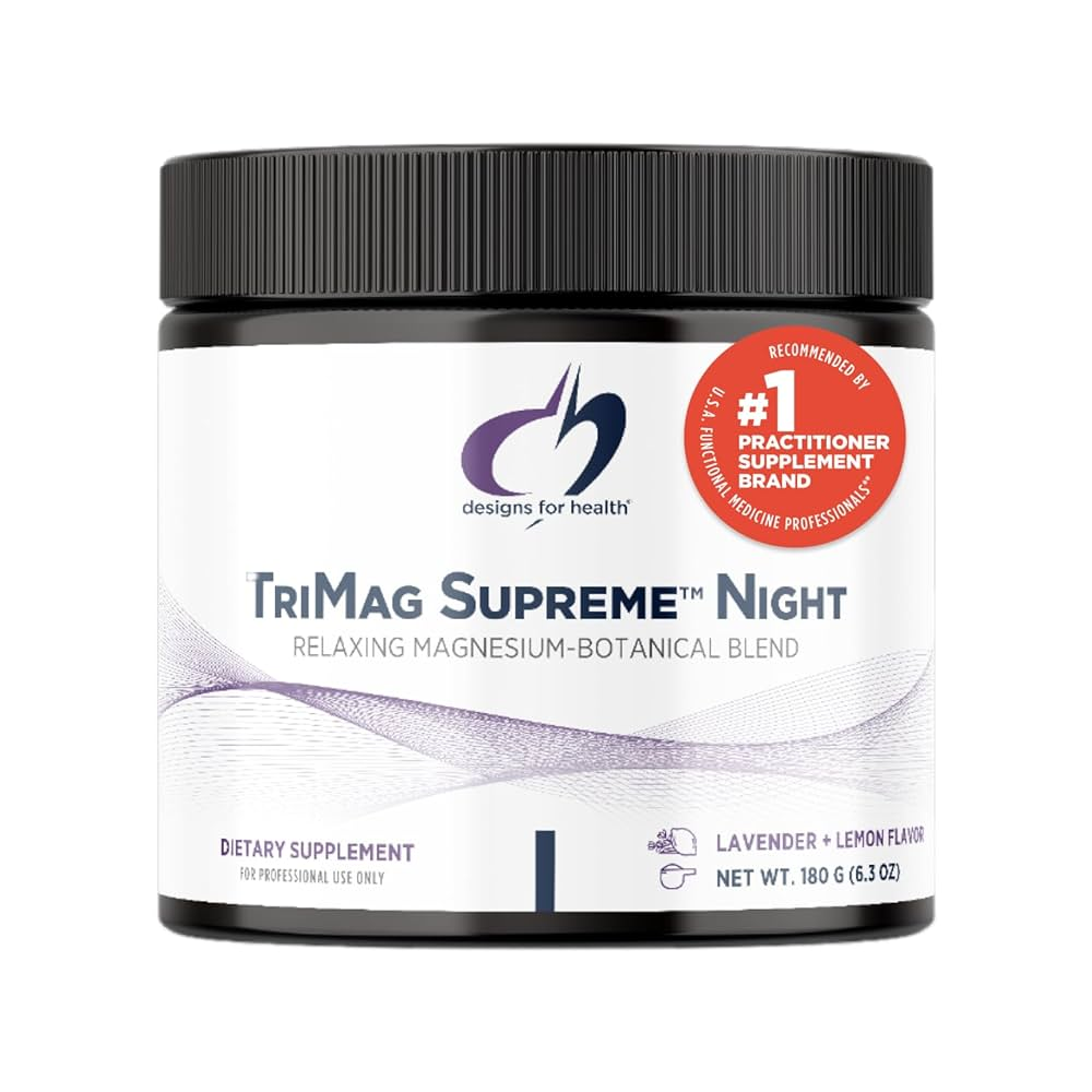 Supplement container labeled 'TriMag Supreme Night' by Designs for Health on a white background.