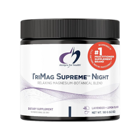 Supplement container labeled 'TriMag Supreme Night' by Designs for Health on a white background.