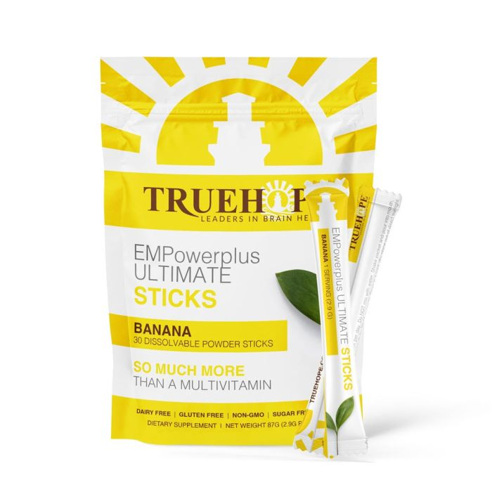 TrueHope EMPowerplus Ultimate Sticks packaging with a banana flavour on a white background