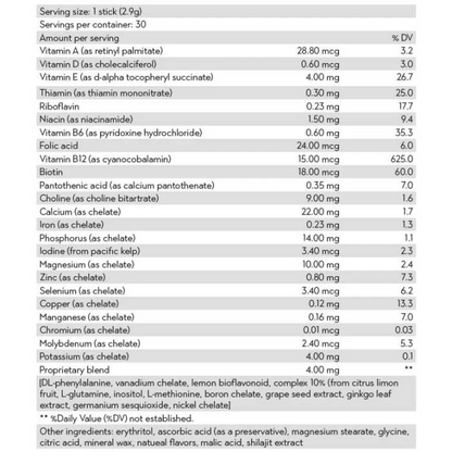 Nutritional label with detailed vitamin and mineral content per serving