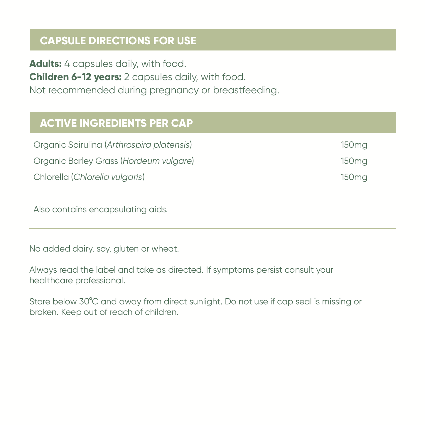 Capsule directions for use and active ingredients on a white background