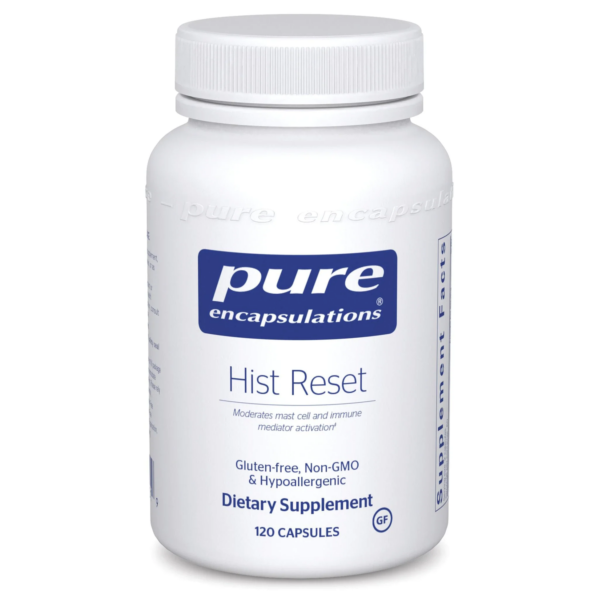 White supplement bottle labeled 'pure encapsulations Hist Reset' on a white background