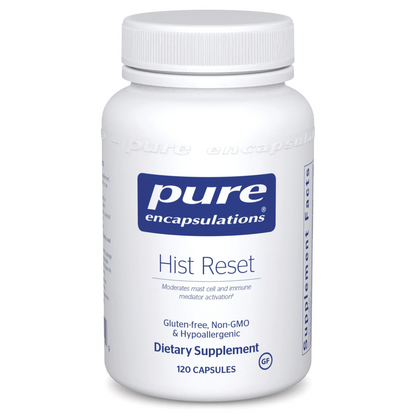 White supplement bottle labeled 'pure encapsulations Hist Reset' on a white background